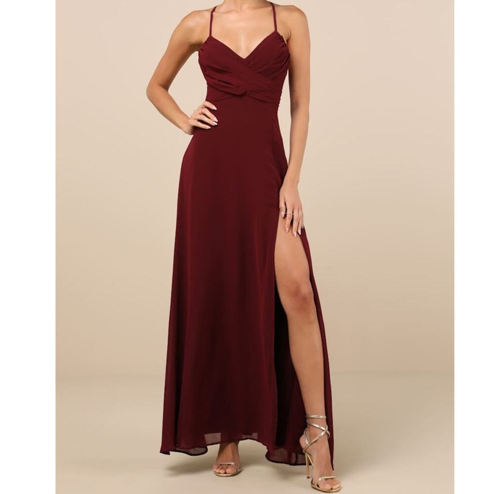 NEW Lulus Event Ready Burgundy Pleated Backless Lace-Up Sweeping Maxi Dress